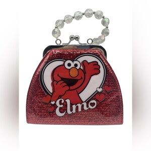 Elmo Red Glitter Handbag Bead Handle Sesame Street Kiss Lock Sparkle Retro Rare